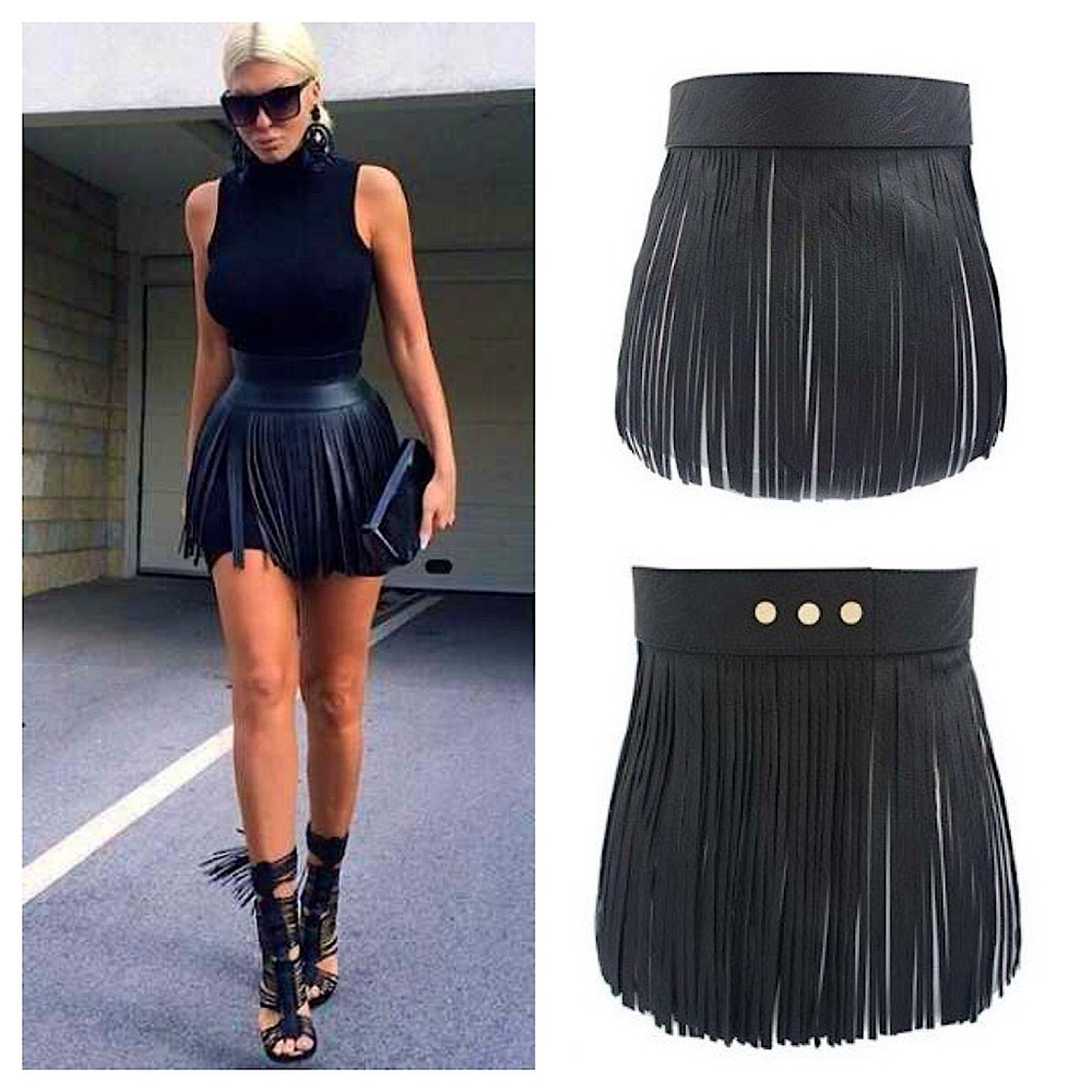 Black Faux Leather Fringe Skirt Belt